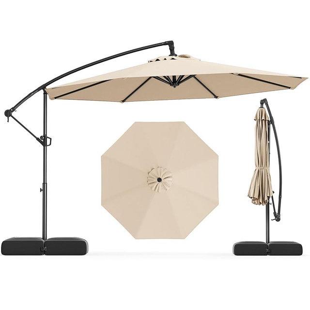 Tangkula 10ft Patio Umbrella with Base, Offset Cantilever Outdoor Umbrella with Infinite Tilt, 360 Degree Rotation, Crank Handle, Sun-Protective Canopy for Pool Deck Garden Backyard (Beige)