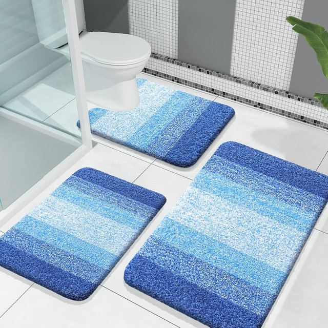 OLANLY Bathroom Rugs Sets 3 Piece, Soft Absorbent Microfiber Bath Mats and U-Shaped Contour Toilet Rug, Plush Shaggy Bath Mat Set for Bathroom (30"x20"+24"x16"+24"x20", Light Royal Blue)