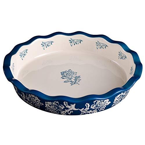 Ceramic Pie Pan, Wisenvoy 9 Inch Heat-Resistant Pie Dish, Non-Stick Pie Plate with Hand Painted Flower Design Safe for Dishwasher, Microwaves, Ovens, Royal Blue