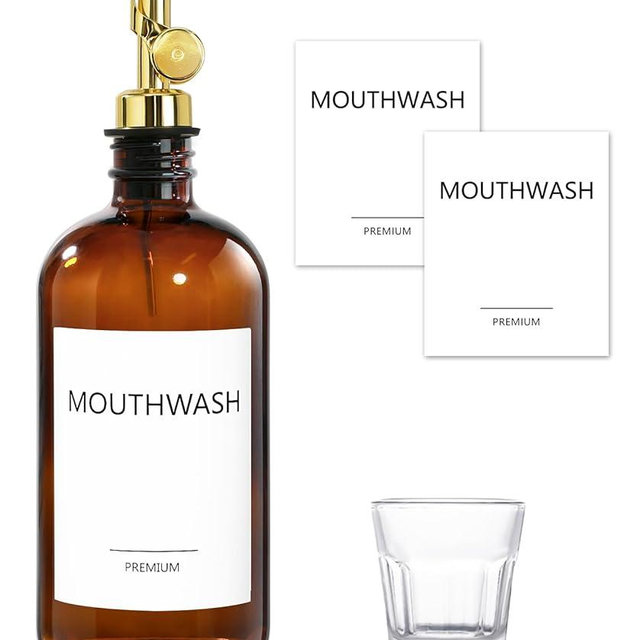 TOLDATLI Mouthwash Dispenser for Bathroom, Glass Mouthwash Dispenser with Cup, Mouth Wash Container Bottle with Cup, Refillable Mouthwash Decanter, Amber, 1 Pack, 17oz