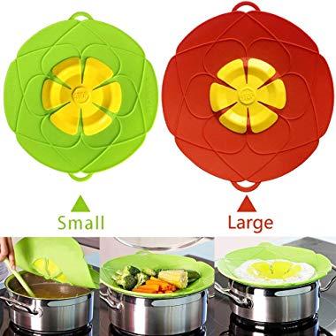 AuSincere Spill Stopper Lid Cover,Anti Spill Lid Cover,No Boil Over Lid,Pot Cover Silicone Spill Stopper Lid,Boil Over Safeguard, 11inch and 10.2inch Multi-Function Kitchen Tool(Green And Red)