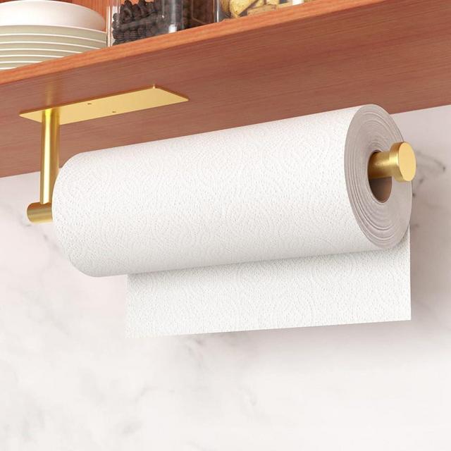 Paper Towel Holder - Self-Adhesive or Drilling, Gold Wall Mounted Paper Towel Rack for Kitchen, SUS304 Stainless Steel Kitchen Roll Holder Under Cabinet