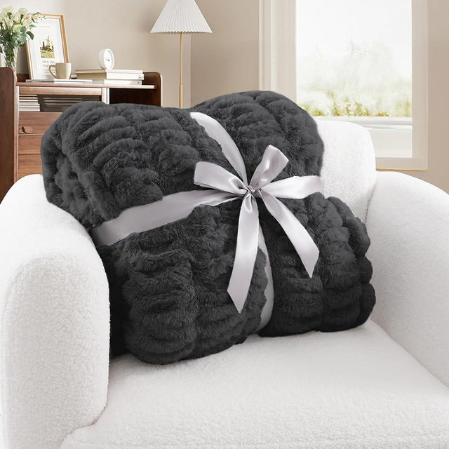 Tejoe Ultra-Soft Faux Rabbit Fur Throw Blanket 50"x60",Cozy Fuzzy & Plush Throw for Couch & Bed, Super Heavy Warm Fluffy Thick Blanket for Sofa Bedroom Living Room Home Decor - Dark Grey