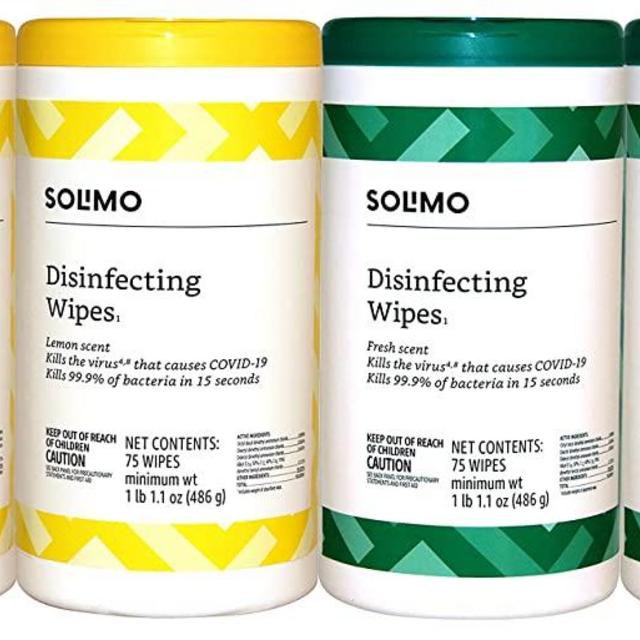 Amazon Brand - Solimo Disinfecting Wipes, Lemon & Fresh Scent, Sanitizes/Cleans/Disinfects/Deodorizes, 75 Count (Pack of 4)