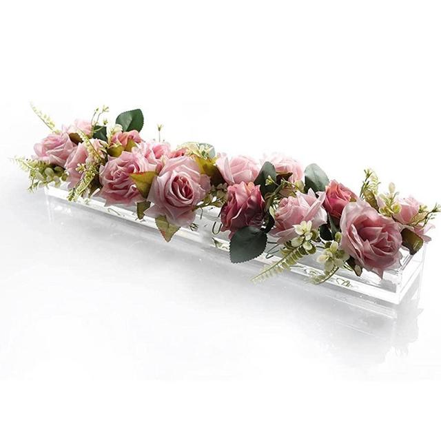 Clear Acrylic Flower Vase,Rectangular Floral Centerpiece for Dining Table,17.6 Inch Long Rectangle Acrylic Vase for Home Wedding Dining Table Decor(18 Holes,Without Light)