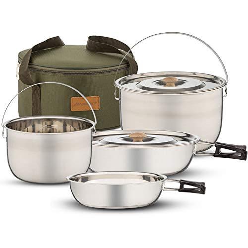 Wealers Stainless Steel Camping Cookware Set - Compact Campfire Family Cooking Pots and Pans | Camp Travel Tote Bag | Rugged Outdoor Cook Set Great for Outdoors Rv Jeeping BBQ's