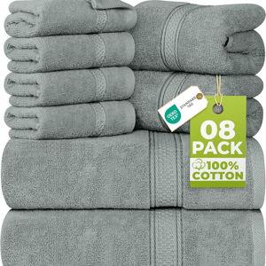 Utopia Towels 8 Piece Luxury Towel Set – Majestic Plush, Super Absorbent & Quicker-to-Dry, Thick 100% Ring Spun Cotton Towels for Bathroom, Spa & Hotel – 2 Bath, 2 Hand, 4 Washcloths, Cool Grey