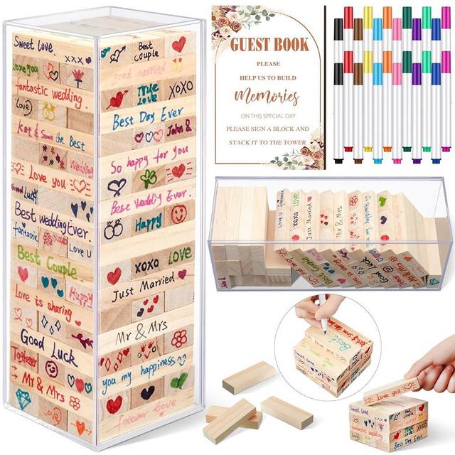Beeveer 80 Pcs Wedding Guest Book Alternative Wooden Block Guest Book for Wedding Sign in Wedding Book Wooden Block Wedding Games Bridal Shower Game for Wedding Sign in, Reception(Rustic)