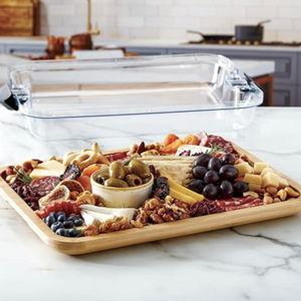 Farberware Build-A-Board Bamboo Cutting Board with Single Storage Compartment, Clear Locking Lid, Black Handles, Perfect for Charcuterie & Snacks