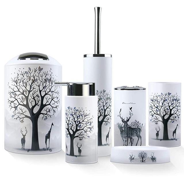 Newthinking Bathroom Accessories Set, 6 PCS Bathroom Set Include Soap Dish and Soap Dispenser, Bathroom Trash Can Set, Toothbrush Holder Set, Toilet Brush Set for Home and Bathroom(Elk)
