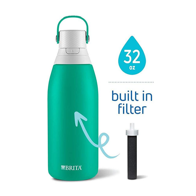 Brita Insulated Stainless Steel Water Bottle with Filter, 32 oz, Jade