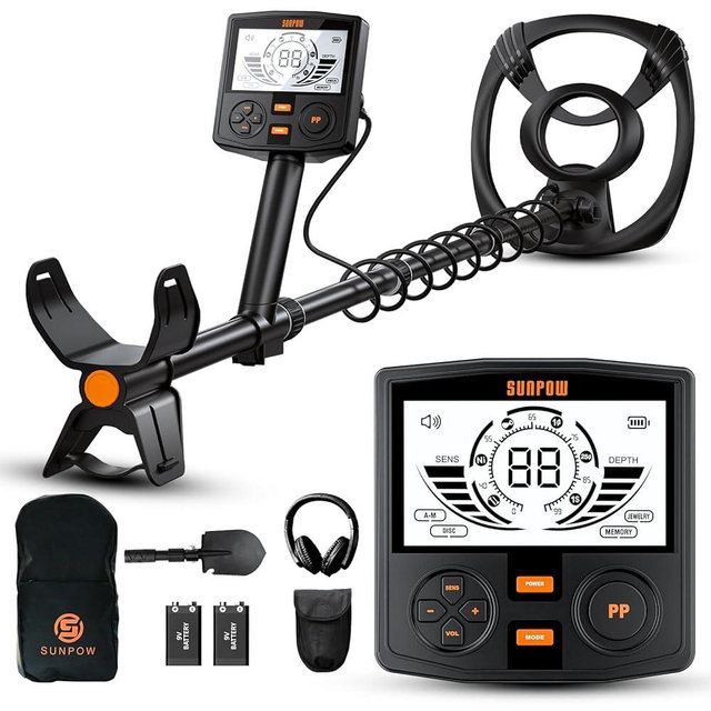 SUNPOW Professional Metal Detector for Adults - Pinpoint Accurate & Easy to Use - 12" Waterproof Coil, 2X Backlit LCDs, DSP Chip, 5 Modes - Adjustable (19"-59") for Beach, Field, Garden