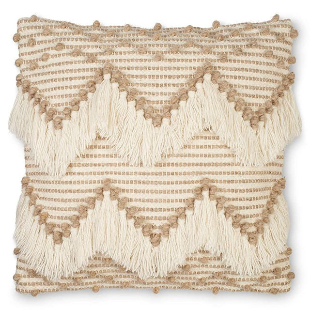 Cream Boho Throw Pillow Cover - Decorative Bohemian Throw Pillow with Tufted Detail and Fringing | Cute Beige and Brown Boho Farmhouse Decor To Transform Your Sofa, Couch, Bed or Chair | 18x18 Inch