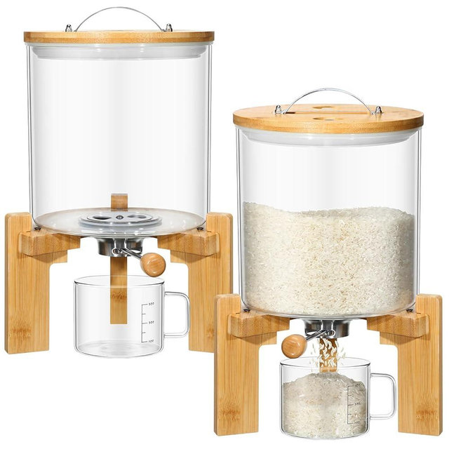 Zhehao 2 Pcs Glass Rice Dispenser 5l Flour Cereal Rice Storage Container Creative Cereal Holder with Wooden Stand Airtight Lid and Measuring Cup for Pantry Sugar Coffee Beans Kitchen Food Organization