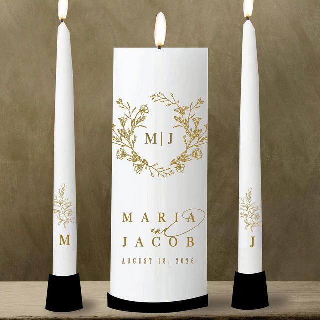 Simple Gold Leaves Wildflower Crest Monogram Unity Candle Set Wedding Personalize custom Wreath Laurel Vela de Matrimonio HOLDER NOT INCLUDE