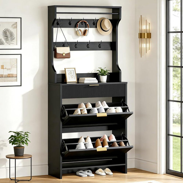 RALGEND Tall Shoe Cabinet with Coat Rack, Narrow Hidden Shoe Storage Cabinet with 2 Flip Drawers, 3 in 1 Hall Tree Slim Freestanding Shoe Rack with Hooks, Narrow Shoe Organizer for Entryway, Black