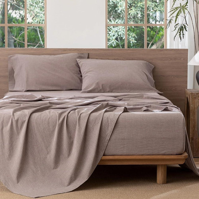 MooMee Bedding Sheet Set 100% Washed Cotton Linen Like Textured Breathable Durable Soft Comfy (Heathered Mauve Brown, California King)