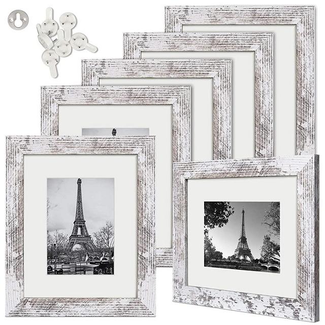 upsimples 8x10 Picture Frame Wood Pattern Distressed White with High Definition Glass,Display Pictures 5x7 with Mat or 8x10 Without Mat,Multi Photo Frames Collage for Wall or Tabletop Display,Set of 6