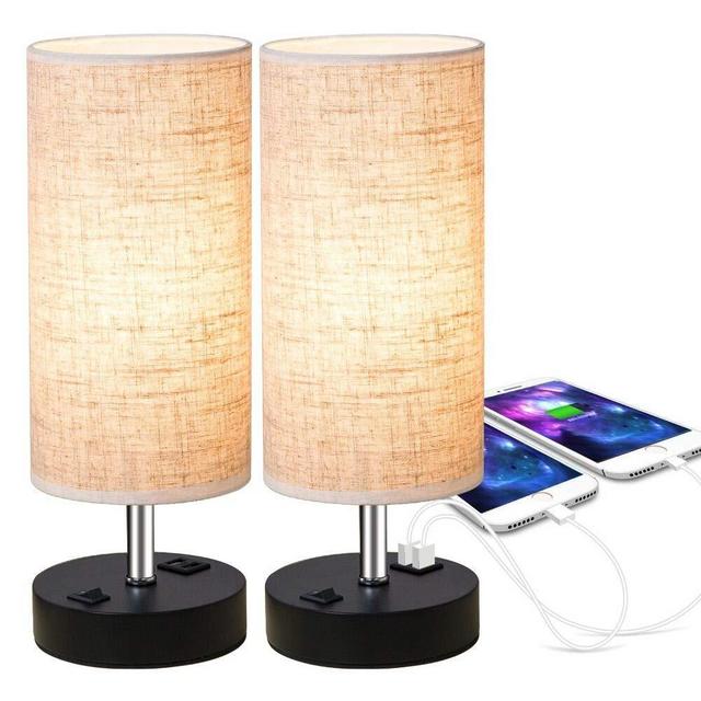ZEEFO Dual 2.1A USB Charging Port Bedside Table Lamp with Press Switch, Black Base Modern Minimalist Design Desk Lamp Very Convenient Nightstand Lamp to Decor Your Bedroom, Guest Room (Set of 2)