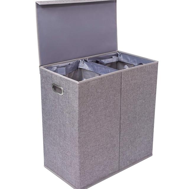 BirdRock Home Premium Double Laundry Hamper with Lid and Removable Liners - Linen Hampers - Grey Foldable Bin - Easily Transport Clothes - Cut Out Handles – Clothes Basket