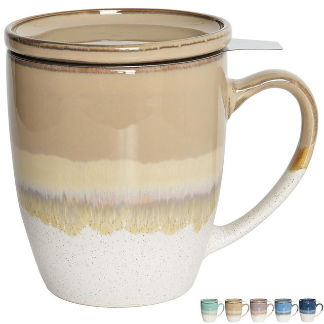 Bosmarlin Ceramic Tea Cup with Infuser and Lid, 16 Oz, 5 Colors to Choose, Dishwasher and Microwave Safe, Reactive Glaze, Steeping Tea Mug with Strainer (Brown Grey)
