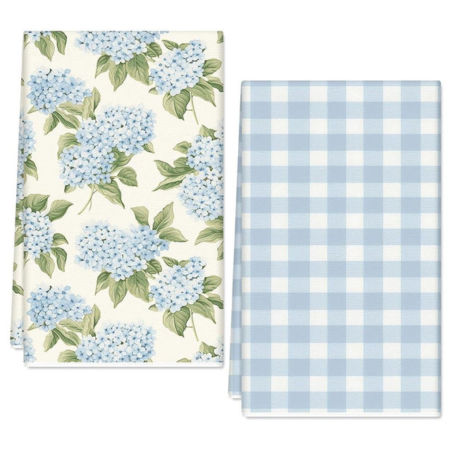 Hydrangea Flower Kitchen Towels Dish Towel Spring Summer Blue Plaid Hand Drying Tea Towel for Cooking Baking Party Supplies, Set of 2, 18 x 28 in