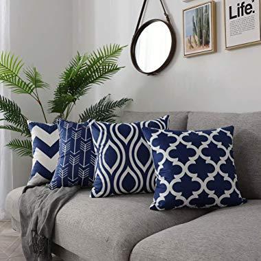 FanHomcy Navy Blue Throw Pillow Covers, 4 Pack, Decorative Velvet Sofa Square Cushion Pillowcases,18 x 18 inch,Geometric Quatrefoil Arrow Ogee Chevron Patterns