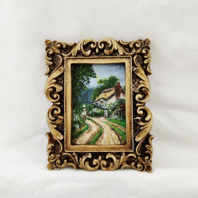 Vintage oil painting original, small framed painting, mini cottagecore art, countryside farmhouse wall decor,farmhouse oil painting