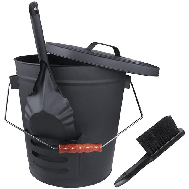 Ash Bucket with Lid and Shovel Hand Broom, 5.15 Gallon Large Galvanized Iron Metal Fireplace Tools Ash Pail for Fire Places Fire Pits Wood Burning Stoves Hearth Accessories Indoor Outdoor, Black