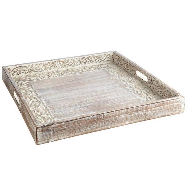 Hand-Carved White Washed Square Vine Trays