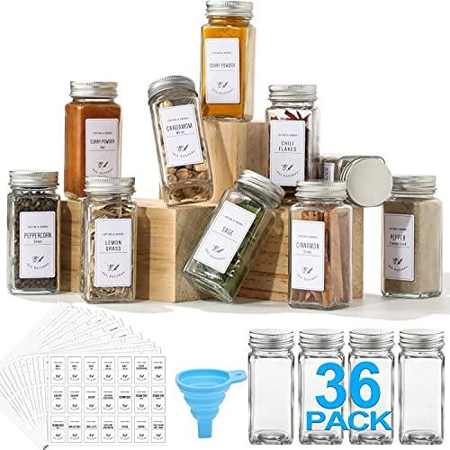 AOZITA 36 Pcs Glass Spice Jars with White Printed Spice Labels - 4oz Empty Square Spice Bottles - Shaker Lids and Airtight Metal Caps - Silicone Collapsible Funnel
