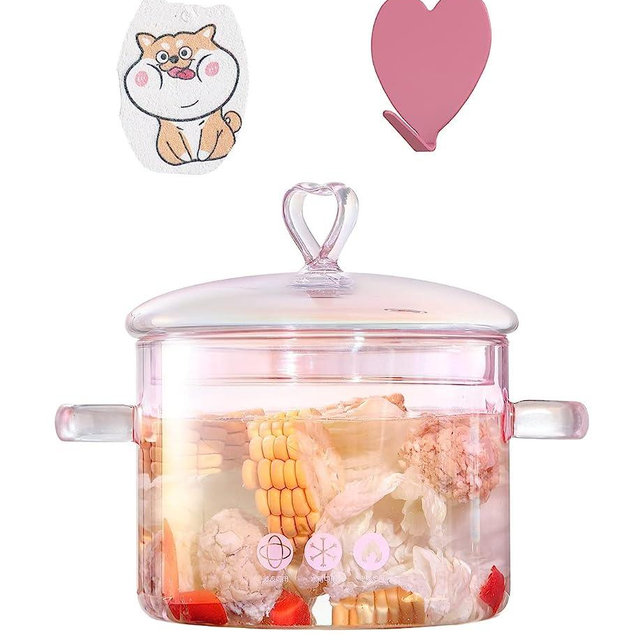 57oz/1700ml,Clear Pots for Cooking Pink Glass Pots for Cooking on Stove Heat Resistant Glass Saucepan Pots for Cooking Ramen Rice Vegetable Milk Soup Salads Potpourri (2)