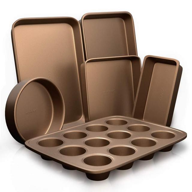 NutriChef 6-Pcs Nonstick Bakeware Set-Highest-Quality Baking Sheets, Non-Grease Cookie Trays, Wide & Square Bake Pan, Bread Loaf & Round Cake Pan, Designed Not To Wrap or Bend Out Of Shape,