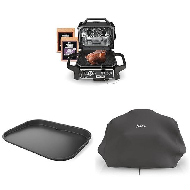 Ninja OG751BRN Woodfire Pro Outdoor Grill & Smoker with Built-In Thermometer, 7-in-1 Master Grill+Ninja XSKGRDPLT Outdoor Flat Top Griddle Plate+ Ninja XSKCOVER Premium Outdoor Cover