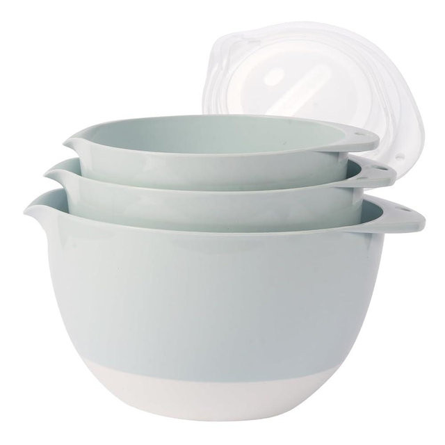 JCXivan 3 Plastic Mixing Bowls with Lids,Pour Spout,TPR Bottom,Mixing Bowl Set,3Qt,2Qt,1.5Qt,Deep Nesting Batter Bowl for Serving,Prep,Baking,Non Slip,Dishwasher Safe,Easy to Grip/Spout,Pale Blue