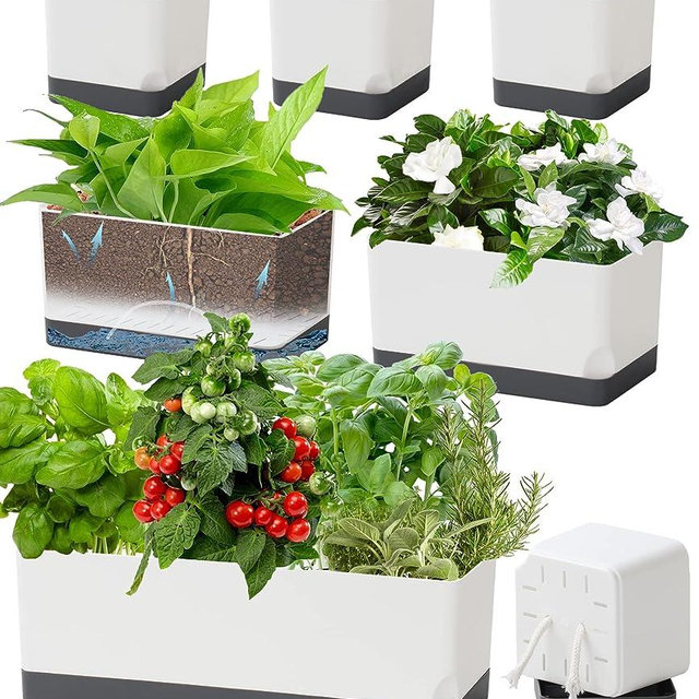 Vugosson Self Watering Planters Pots for Indoor Plants, 7 Pack 4+8+17 Inch Plastic Window Boxes Planters Herb Planter, Rectangle Rectangular Planter Windowsill Planters with Drainage and Saucer