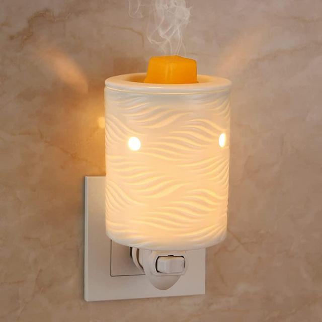 STAR MOON Ceramic Pluggable Wax Melt Warmer, Diffuser for Fragrance Oil, 2-in-1 Candle Melter Plug in Wall for Home, Office and Spa, Ideal Gifts, with Two Bulbs Packaged- Ripple Pattern
