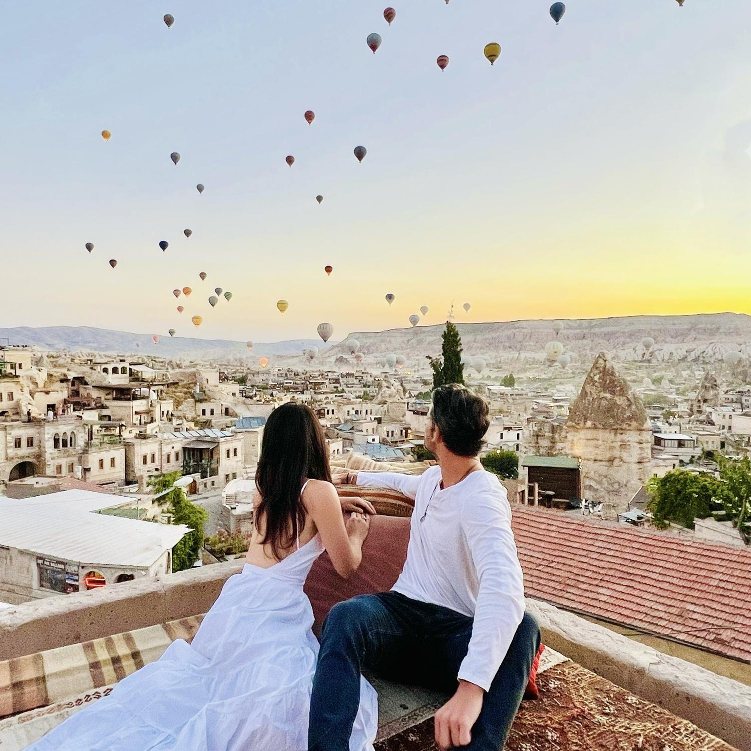 Sunrise on our hotel rooftop in Cappadocia, Turkey