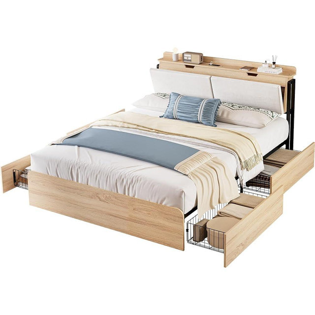 LIKIMIO Queen Bed Frames with Hidden Storage Headboard, Camas Queen with Charging Station and 4 Drawers, Sturdy and Noiseless, No Box Spring Needed, Wood Color