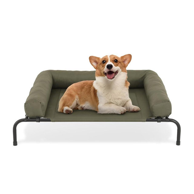 Magshion Outdoor Elevated Dog Bed w/Removable Bolster, Portable Raised Indoor Dog Cots Beds with Breathable Mesh for Medium Dogs, Dark Green
