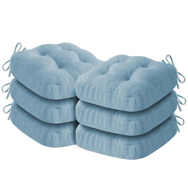 IASEAHK Chair Cushions for Dining Chairs, Dining Chair Cushions, Tufted Indoor Chair Pads with Ties & Non Slip Backing, Seat Cushions for Kitchen Chairs 16.5” x 16.5” x 3.5”, Set of 6, Light Blue