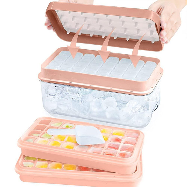 ZZWILLB Ice Cube Tray with Lid for Freezer 64 Nuggets Silicone Ice Tray with Storage Bin Stackable Easy Release Ice Cube Molds for Cocktail Whisky Coffee