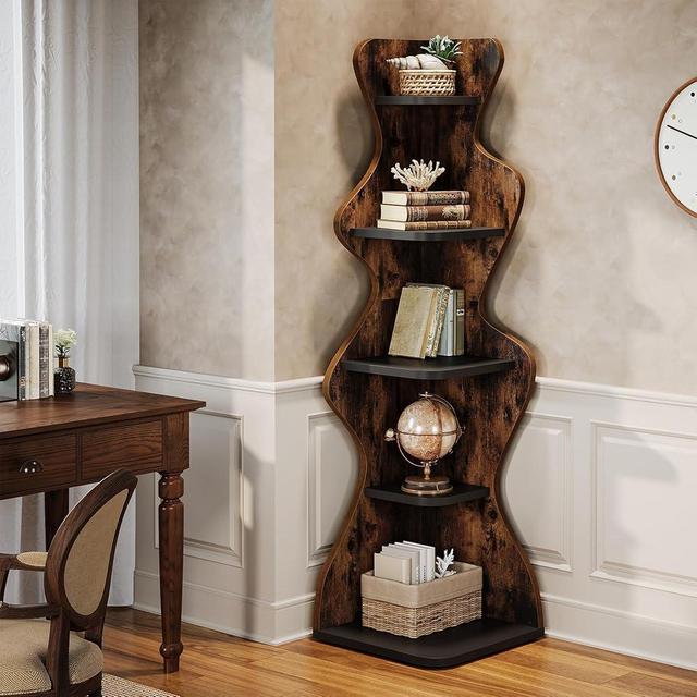 Tribesigns 5-Tier Corner Shelf, 69" Tall Wood Corner Bookshelf Square Rack Display Shelf, Freestanding Corner Storage Plant Stand for Small Spaces, Living Room, Bedroom, Kitchen, Rustic Brown & Black