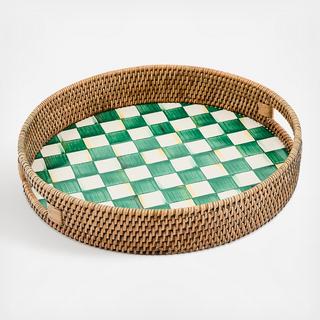 Emerald Check Enamel & Rattan Round Serving Tray