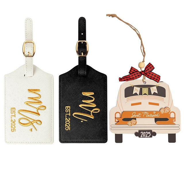 Mr & Mrs Embroidered Luggage Tags and Just Married Ornament, 2025 Wedding Gift Set for Couple, Honeymoon Travel Accessories for Bride and Groom, Bridal Shower or Engagement Keepsake (Orange 2025)