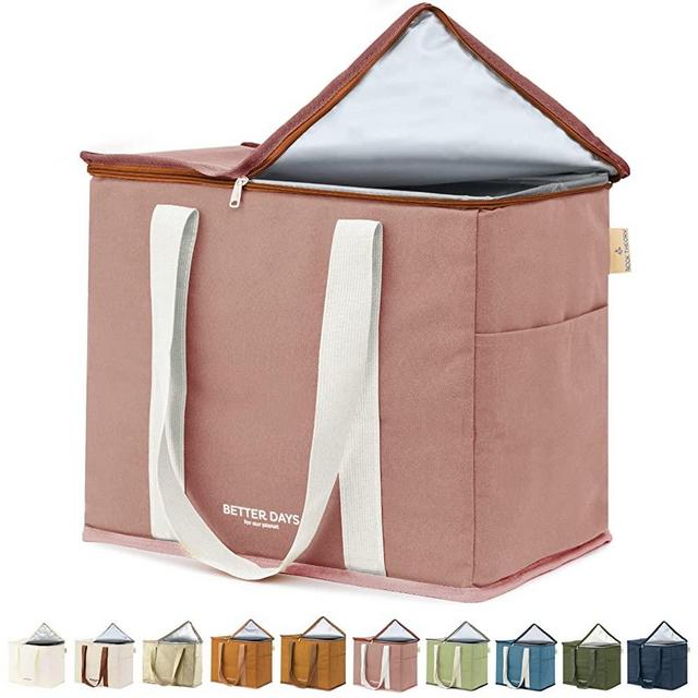 Reusable Insulated Grocery Bag - Leak Proof, Large Insulated Cooler Bag - Insulated Shopping Bags for Groceries - Travel Cooler Bag for Frozen and Hot Food with Zippered Top - Beach, Picnic (Salmon)