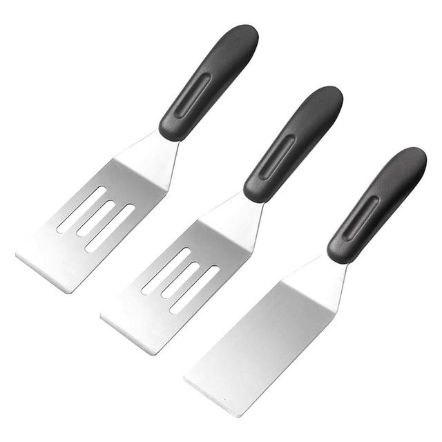 QOUSFKZ Small Metal Spatula 3-Pack, Stainless Steel Mini Serving Spatula & Cut and Serve Turner Set with Non-Slip Handle for Flipping, Cooking, Baking, for Brownies, Desserts, Pancakes & Cookies
