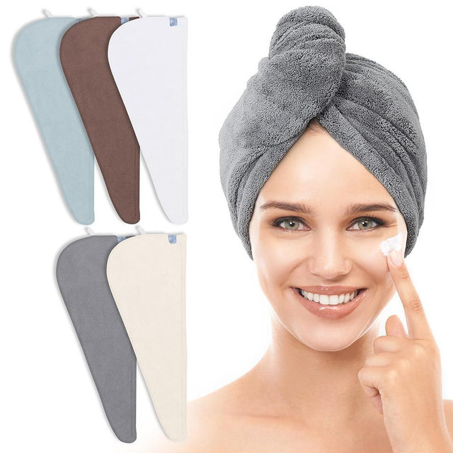 TENSTARS 5 Pack Thicken Microfiber Hair Towel Wrap for Women - Elastic Loop Design - 320GSM Coral Velvet - Quick Dry Hair Turban - 11x28 Inch (Cream+White+Brown+Light Teal+Grey)
