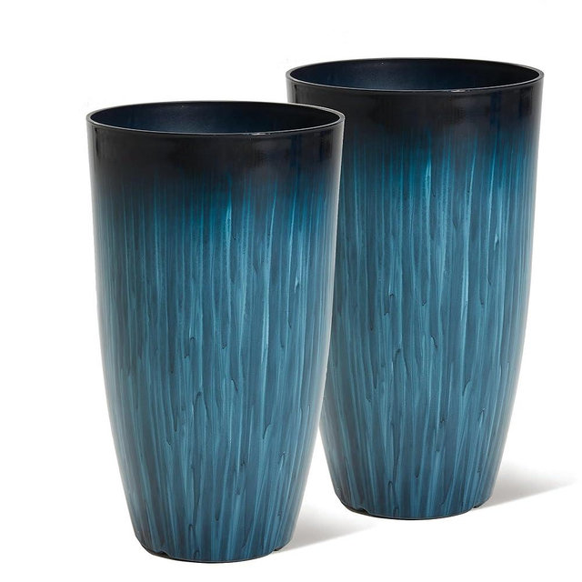 Worth Garden 23.5" H. Large Plastic Planters - Set of 2 Gradient Blue Glossy Smooth Finish - Tall Plant Pots for Indoor & Outdoor Use - Decorative Lightweight Flower Pots for Front Porch, Patio, Deck