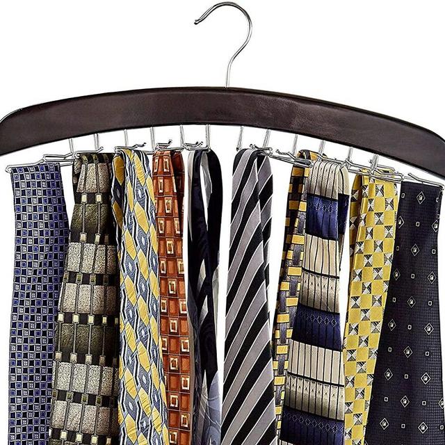 Richards Homewares Wooden Tie Rack Hanging Organizer for Mens Closet Accessories, Space Saving Necktie Holder for Storage and Display, Holds 24 Ties, Walnut Wood with Chrome Accents
